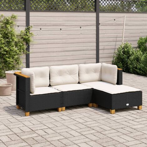 Ensemble salon de jardin 4 places en résine tressée noir avec coussins crème, modulaire, rotin synthétique résistant aux UV, piètement en bois d'acacia. (1/4)