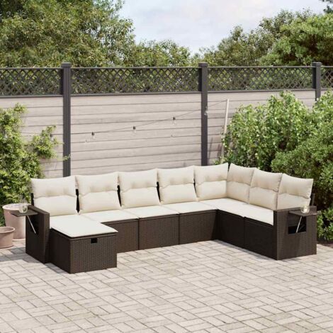 Salon de jardin 8 places en résine tressée marron avec table, repose-pieds et coussins crème lavables (1/4)
