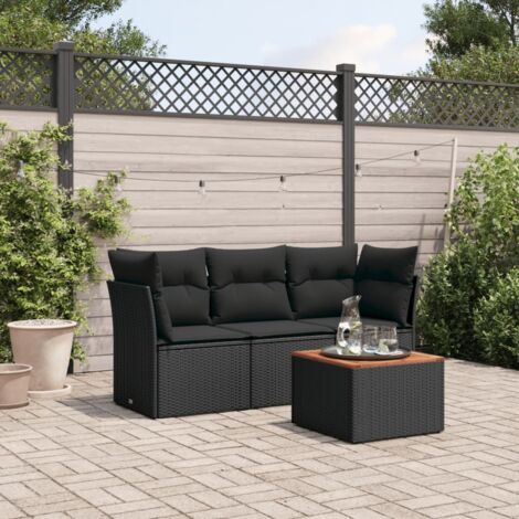 Salon de Jardin 4 Pièces Noir Résine Tressée avec Table Acacia et Coussins Amovibles (1/4)