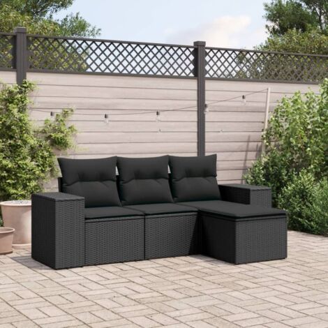 Ensemble de salon de jardin 4 places en résine tressée noire avec coussins confortables et rangement intégré (1/3)