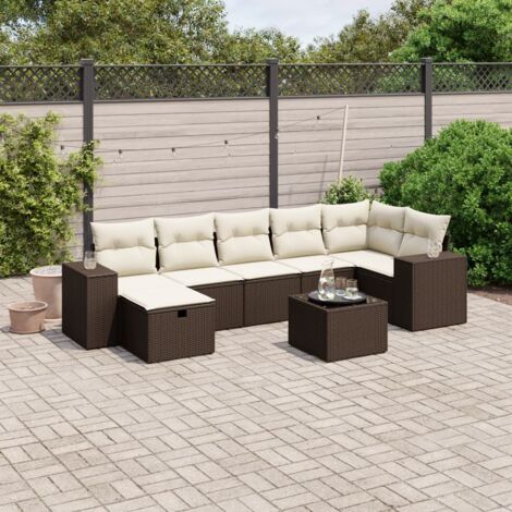 Ensemble de salon de jardin 8 pièces résine tressée marron avec coussins et table en verre trempé (1/4)