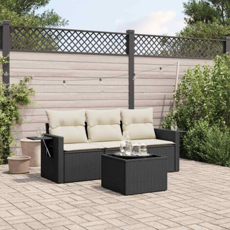Salon de Jardin 4 Pièces Noir Résine Tressée avec Coussins, 2 Fauteuils + 1 Banc Central + Table (1/3)