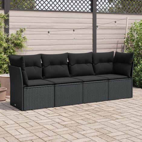 Salon de jardin 4 places en résine tressée noire avec coussins amovibles et rangements intégrés. (1/3)
