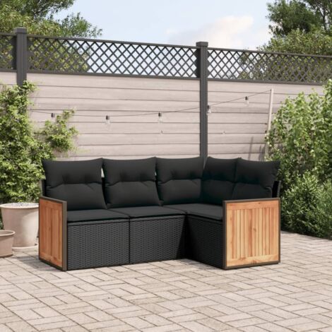 Ensemble Salon Jardin 4 Places en Résine Tressée Noir avec Coussins Confort Modulaire (1/4)
