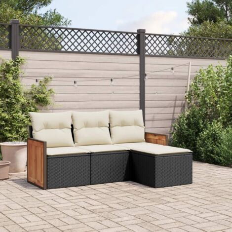[Ensemble de mobilier de jardin] Salon 4 places en résine tressée noir avec coussins crème (1/4)