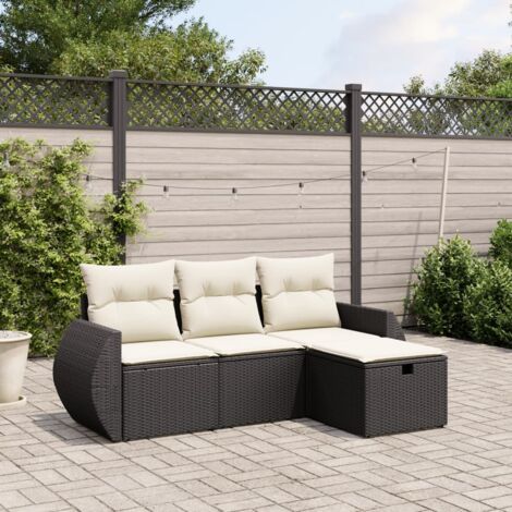 Ensemble Salon Jardin 4 Pièces Noir Résine Tressée avec Coussins Crème, Meuble Extérieur Modulable avec Repose-Pied et Accoudoirs (1/4)