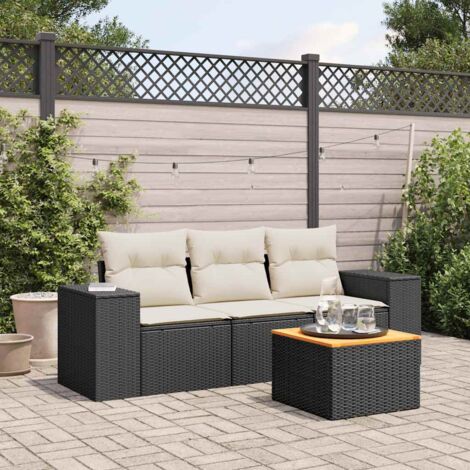 Canapé Jardin Noir Résine Tressée - Set 4 pièces avec Table et Coussins Crème - Poly Rotin - 1 Siège, 2 Fauteuils, Stockage Etanche (1/3)
