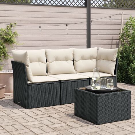 Ensemble salon de jardin 4 places en résine tressée noire avec coussins et table en verre trempé (1/3)