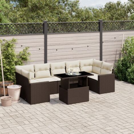 Ensemble de Jardin 8 Places en Résine Tressée Marron avec Coussins Crème et Table à Hauteur Réglable Salon d'Extérieur Modulaire (1/4)