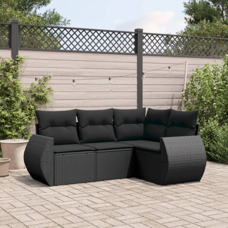 Ensemble salon jardin 4 places en résine tressée noire avec coussins déhoussables - Canapé d'angle, central et accoudoirs (1/3)