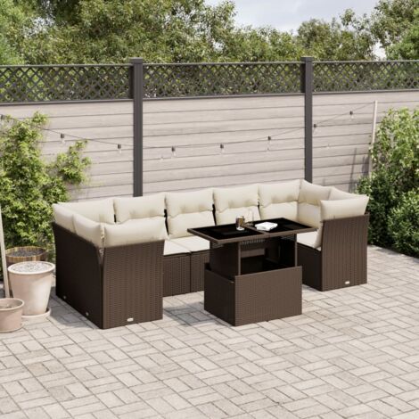 Salon de Jardin 8 Places en Résine Tressée Marron avec Coussins Crème, Table à Hauteur Réglable, Set Modulaire pour Terrasse (1/4)