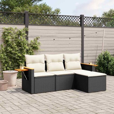 Ensemble Salon Jardin 4 Places Noir Résine Tressée avec Coussins Amovibles et Table d'Appoint (1/4)