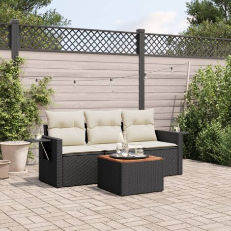 Ensemble salon de jardin 4 places en résine tressée noir avec coussins, table en acacia et rangements, modulaire et résistant aux intempéries (1/3)