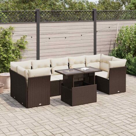 Salon de Jardin 8 Places en Résine Tressée Marron - Canapés d'Angle et Table Réglable avec Coussins Crème Amovibles et Rangement Intégré (1/4)