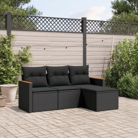 Ensemble Salon de Jardin 4 Pièces en Résine Tressée Noir avec Coussins Amovibles, Canapé + Tabouret, Modulaire, Pliable, 110kg Capacité, Assemblage Facile (1/4)