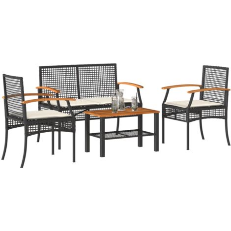 Ensemble de jardin 4 pièces en résine tressée noire avec coussins Table acacia 70x38 cm Banc et chaises Max. 110 kg (1/4)