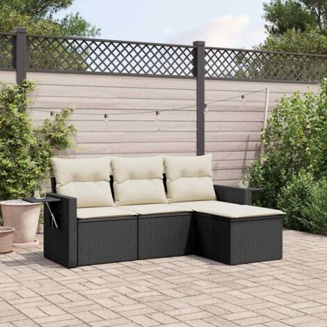 Ensemble de salon jardin 4 places en résine tressée noire avec coussins crème (1/3)