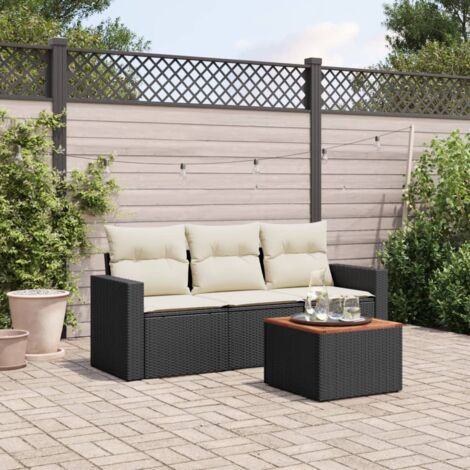 Salon de jardin 4 places en résine tressée noire avec coussins amovibles, table en acacia (1/3)