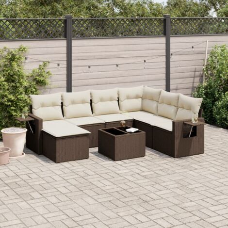 Ensemble Canapé de Jardin 8 Places Marron Résine Tressée avec Coussins, Table et Rangement (1/3)