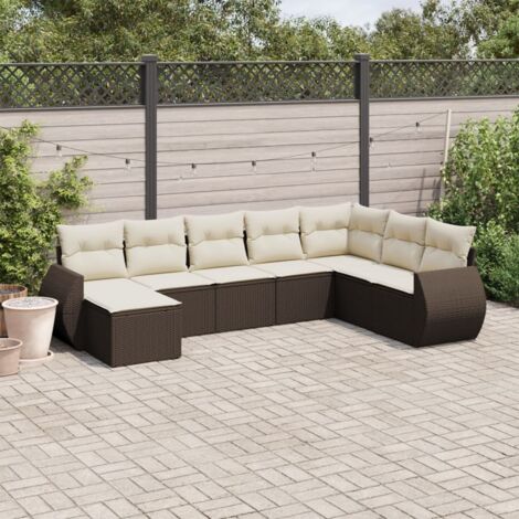 Ensemble de jardin en résine tressée marron 8 places avec coussins crème amovibles et lavables, modulable et résistant aux intempéries (1/4)
