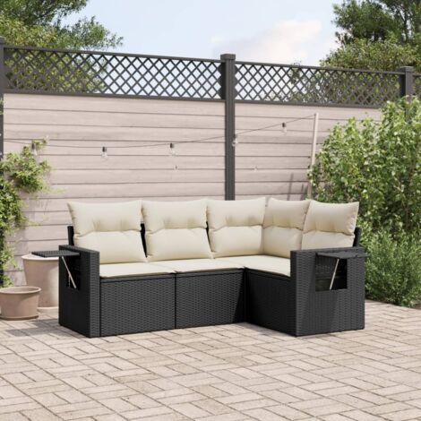 Salon de jardin 4 places en résine tressée noir avec coussins crème amovibles (1/3)