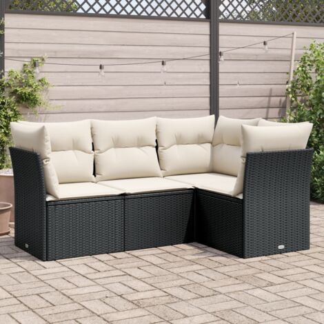 Salon de Jardin 4 Places en Résine Tressée Noir avec Coussins Crème, Modulaire et Rangement Inclus (1/3)