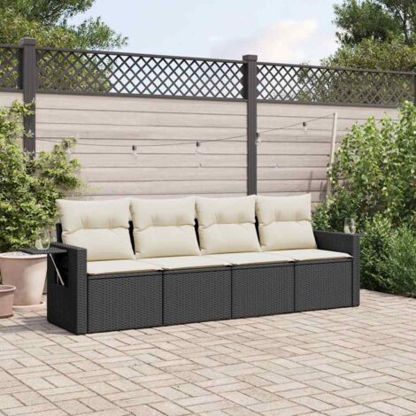 Ensemble Canapé Jardin 4 Places Noir Résine Tressée avec Coussins Crème, Table Accoudoir et Rangement Eau (1/3)