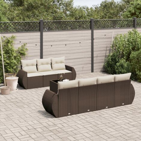 Salon de jardin 8 pièces marron résine tressée avec table verre et coussins crème rangement intégré (1/3)