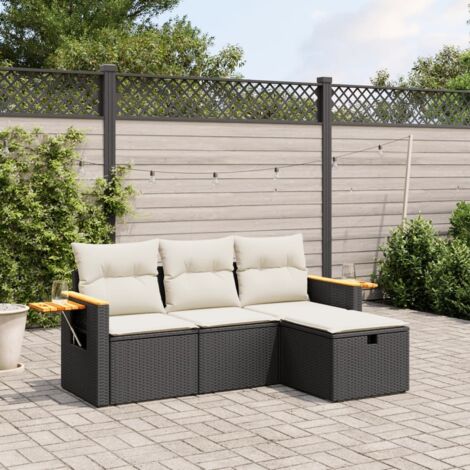 Canapé de Jardin Noir Résine Tressée 4 Pièces avec Coussins Crème, Mobilier d'Extérieur Modulaire et Confortable pour Terrasse (1/4)