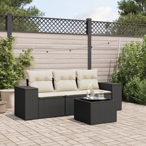 Ensemble de Jardin Salon 4 Pièces Noir Résine Tressée avec Coussins Table en Verre Trempé (1/4)