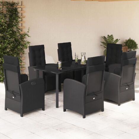 Ensemble de Jardin 7 Pièces en Résine Tressée avec Coussins et Table en Verre Trempé 160x80cm Noir (1/5)
