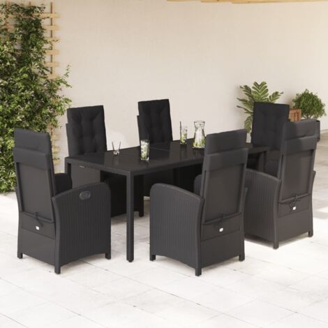 Ensemble de Jardin 7 Pièces Noir Résine Tressée avec Coussins, Table en Verre Trempé, Chaises Réglables (1/5)