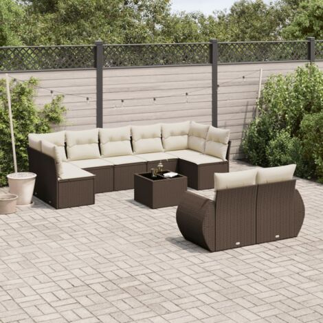 Ensemble Salon de Jardin Modulaire en Résine Tressée Marron - Table Verre Trempé avec 9 Coussins et 11 Dossiers - 10 Pièces (1/3)