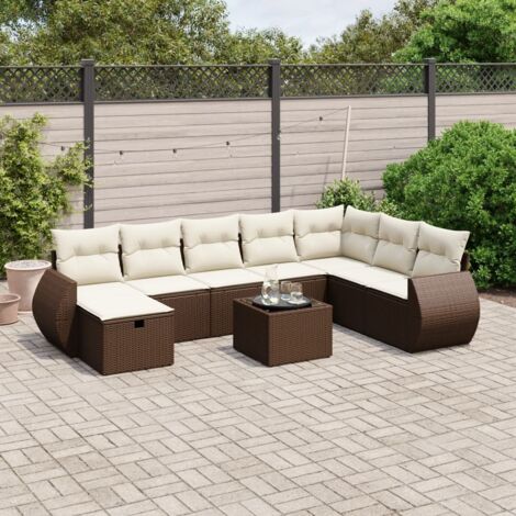 Ensemble de salon de jardin 9 pièces marron résine tressée avec table en verre et coussins lavables (1/4)