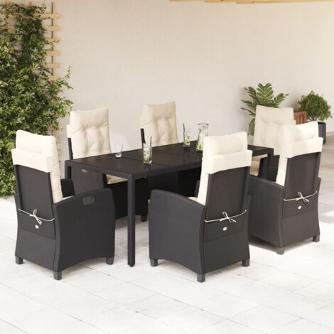 Ensemble de Jardin 7 Pièces en Résine Tressée Noir avec Coussins - Table et Chaises Inclinables en Verre Trempé (1/5)