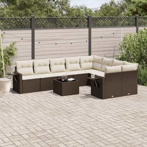 Ensemble Salon Jardin Modulaire 10 Pièces Résine Tressée Marron avec Table et Coussins Crème - Confort et Rangement (1/3)
