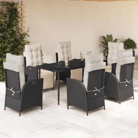 Ensemble de Jardin 7 Pièces Noir avec Coussins en Résine Tressée - Table en Verre Trempé 160x80 cm (1/5)