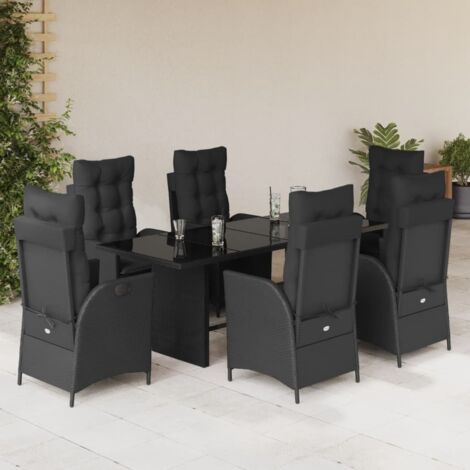 Ensemble de Jardin 7 Pièces Noir en Résine Tressée avec Coussins, Table en Verre Trempé 190x80 cm, 6 Chaises Inclinables (1/5)