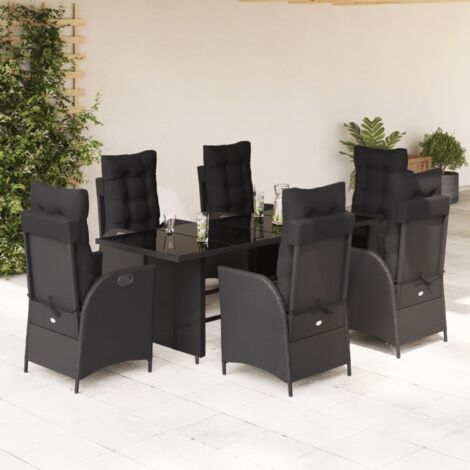 Ensemble de Jardin 7 Pièces Noir avec Table en Verre et Chaises inclinables en Résine Tressée - Ensemble Repas Extérieur (1/5)
