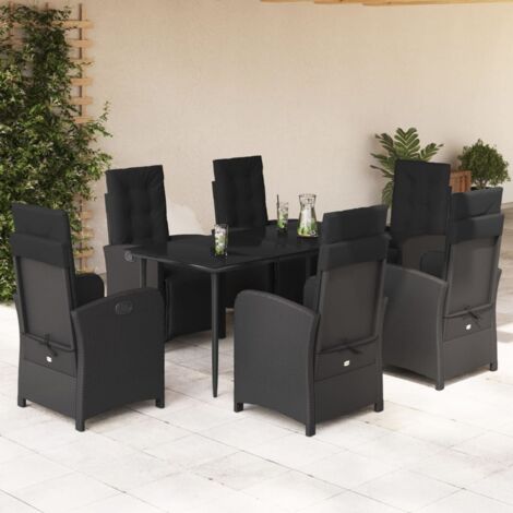 Ensemble de Jardin 7 pièces Noir en Résine Tressée avec Coussins et Table en Verre Tempré, Meuble Extérieur Modulable et Résistant aux Intempéries (1/5)