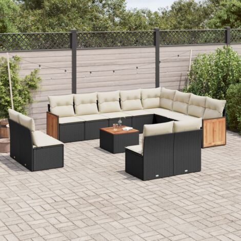 Ensemble de salon de jardin en résine tressée noir avec 13 coussins, 12 places, table acacia, rangement (1/3)