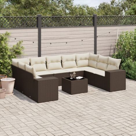Ensemble de jardin en résine tressée marron avec table verre, 10 pièces et coussins (1/3)