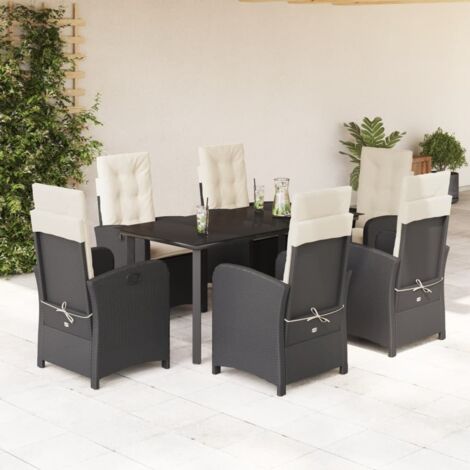 Ensemble 7 pièces de salon de jardin en résine tressée noire avec 6 coussins, 2 fauteuils inclinables, table verre trempé 160x80 cm (1/5)