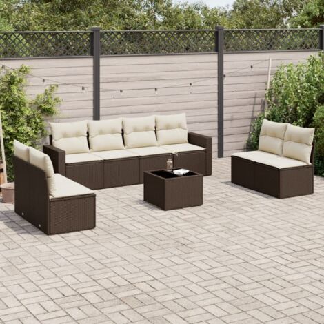 Salon de jardin 9 pièces résine tressée marron avec coussins amovibles et table verre trempé (1/3)