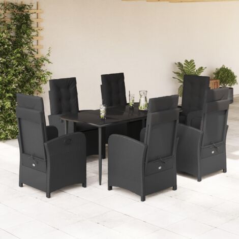 Ensemble de Jardin 7 Pièces Noir en Résine Tressée avec Coussins, Table en Verre, 6 Chaises inclinables et 1 Table de 160x80x74 cm (1/5)
