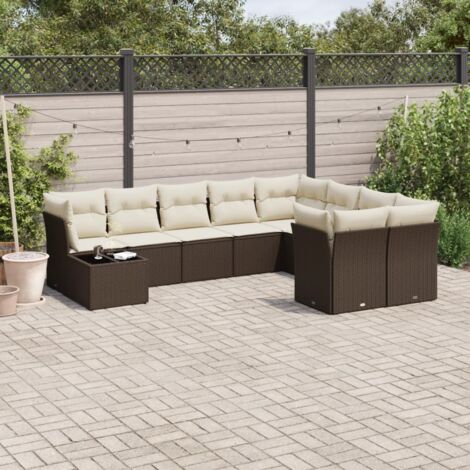 Salon de Jardin 10 Pièces Résine Tressée Marron avec Table, Coussins Blanc Crème et Espace de Rangement (1/3)