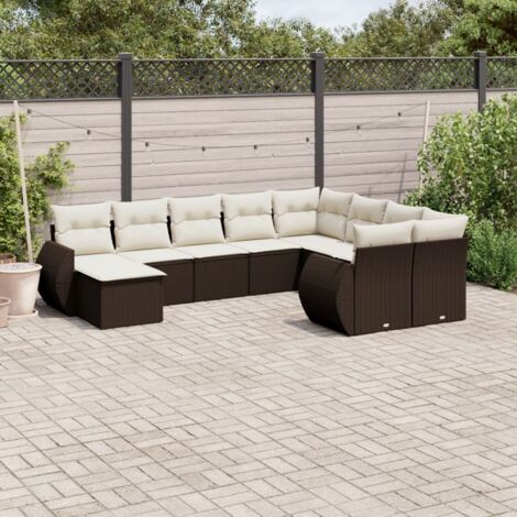 Ensemble salon jardin 10 places en résine tressée marron avec coussins, verre trempé et rangement intégré (1/3)