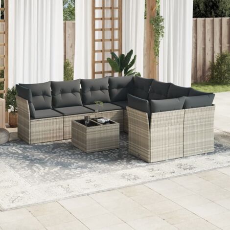 Salon de Jardin 9 Pièces Gris Clair en Résine Tressée avec Table Verre et Coussins - Bancs de Jardin avec Rangement (1/3)