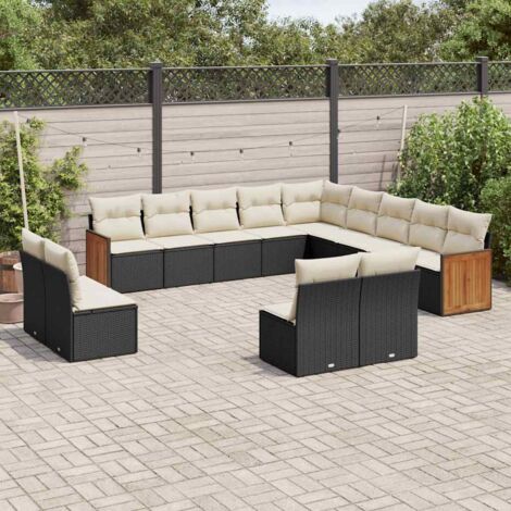 Ensemble canapé jardin 13 pièces noir résine tressée modulable coussins crème rangement intégré (1/3)
