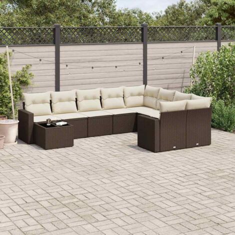 Ensemble salon de jardin 10 pièces rotin synthétique marron avec coussins crème, table verre trempé 55x55x37cm (1/5)